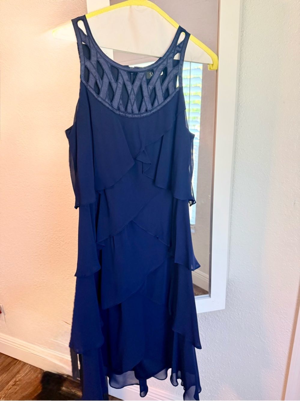 Navy Sleeveless Tiered Chiffon Dress with Lattice Neckline